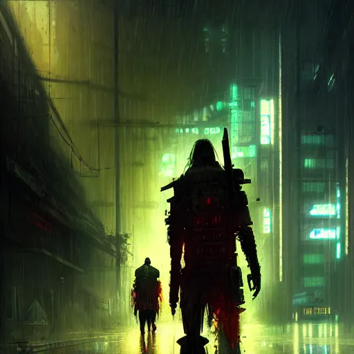 Prompt: an exhausted warrior walks from left to right a lost cyberpunk city, rainy day, radiant light, digital painting, art station, by les edwards, by greg rutkowski