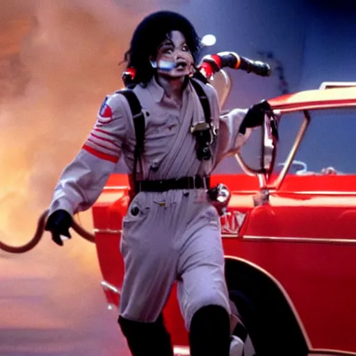 Image similar to stunning awe inspiring michael jackson as a ghostbuster in the movie ghostbusters, movie still 8 k hdr atmospheric lighting