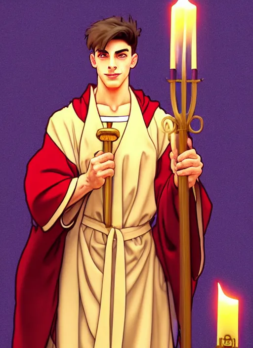 Prompt: muscular kai havertz as a priest wearing robes. holding golden candlestick, in a monestry natural lighting, path traced, highly detailed, high quality, digital painting, by don bluth and ross tran and studio ghibli and alphonse mucha, artgerm