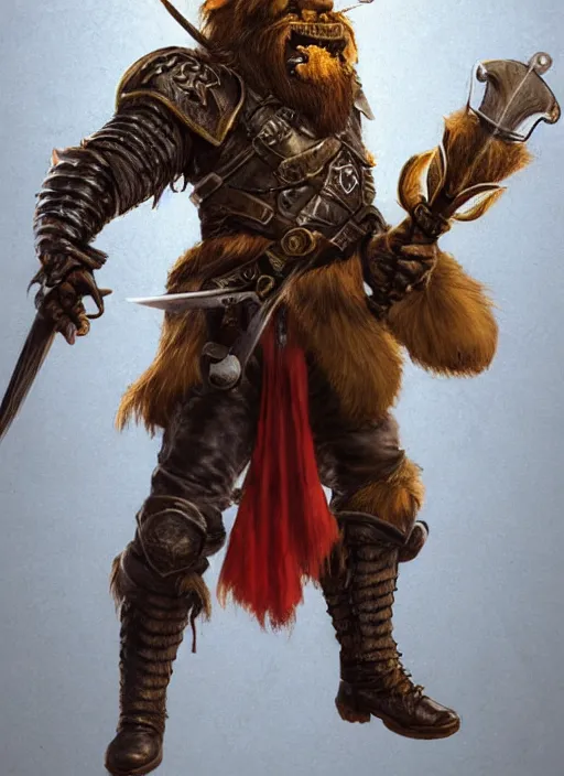 Image similar to photorealistic bugbear ranger holding sword on fire, magic, black beard, dungeons and dragons, pathfinder, roleplaying game art, hunters gear, jeweled ornate leather and steel armour, concept art, character design on white background, by sargent, norman rockwell, makoto shinkai, kim jung giu, artstation trending, poster art, colours red