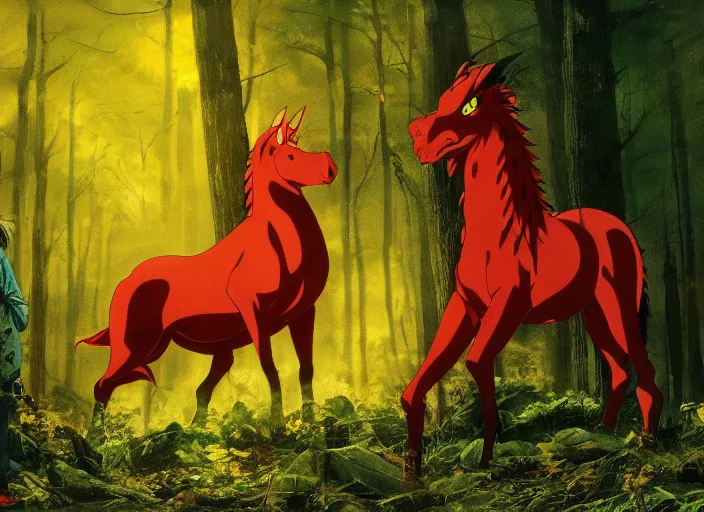 Prompt: a waifish demon next to a red horse in a dark forest | bekinski anime studio ghibli gottfried helnwein painting film cinematic 4 k