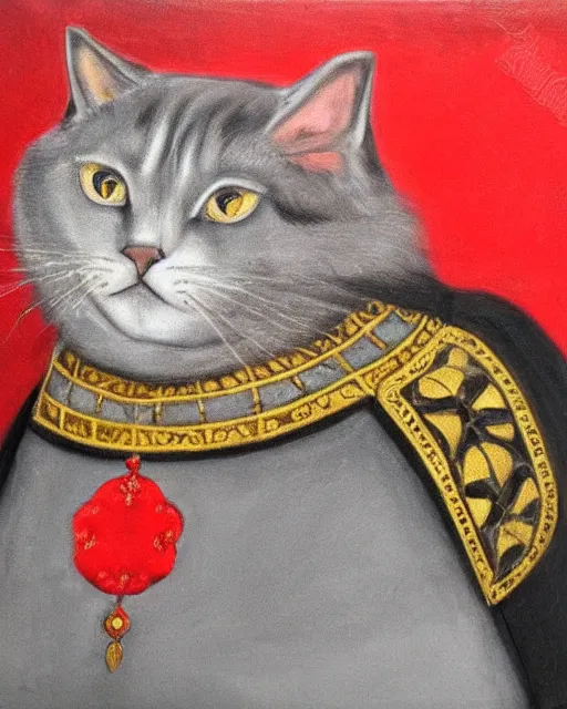 Image similar to fat gray cat with yellow eyes dressed like henry viii, tudor period clothing in scarlet gold and black, royal portrait, oil painting