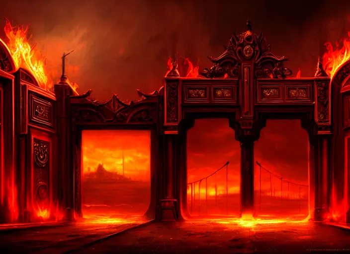 Image similar to huge gate, environment, illustration, fire, smoky, red, colors, epic scene, symmetrical, golden raito, high quality, intricate details, details, intricate, atmosphere, highly detailed, matte painting, cinematic, deviantart, realistic, concept art, 4 k