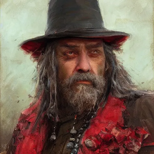 Image similar to Solomon Joseph Solomon and Richard Schmid and Jeremy Lipking victorian genre painting portrait painting of a old rugged dragon character in fantasy costume, red background