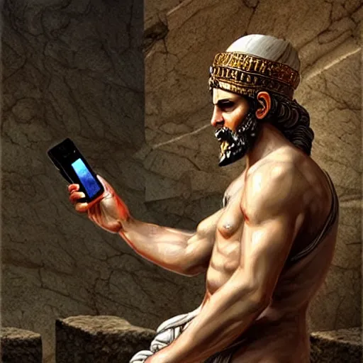 Prompt: an Ancient Greek god using an iPhone, epic, art, hyper detailed, cinematic, ethereal