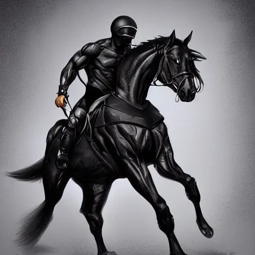 Prompt: a musclebound black - coated male anthro horse in a tactical outfit at a facility, detailed clothes texture, absurdly exaggeratedly athletic physique, highly detailed, digital painting, artstation, sharp focus, smooth, concept art, illustration, art by artgerm, greg rutkowski, wlop