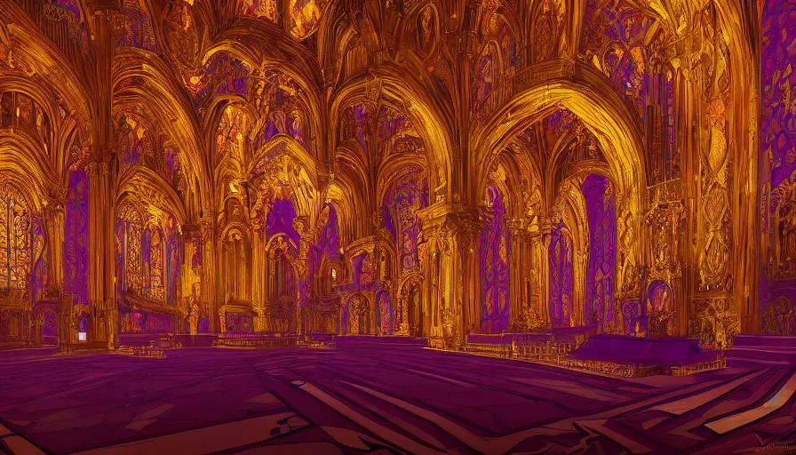 Prompt: Interior of a golden and purple church, hyperdetailed, artstation, cgsociety, 8k