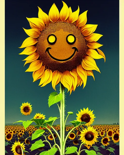 Image similar to sunflower with a smiley face, cinematic, dramatic, super detailed and intricate, by koson ohara, by darwyn cooke, by greg rutkowski, by satoshi kon