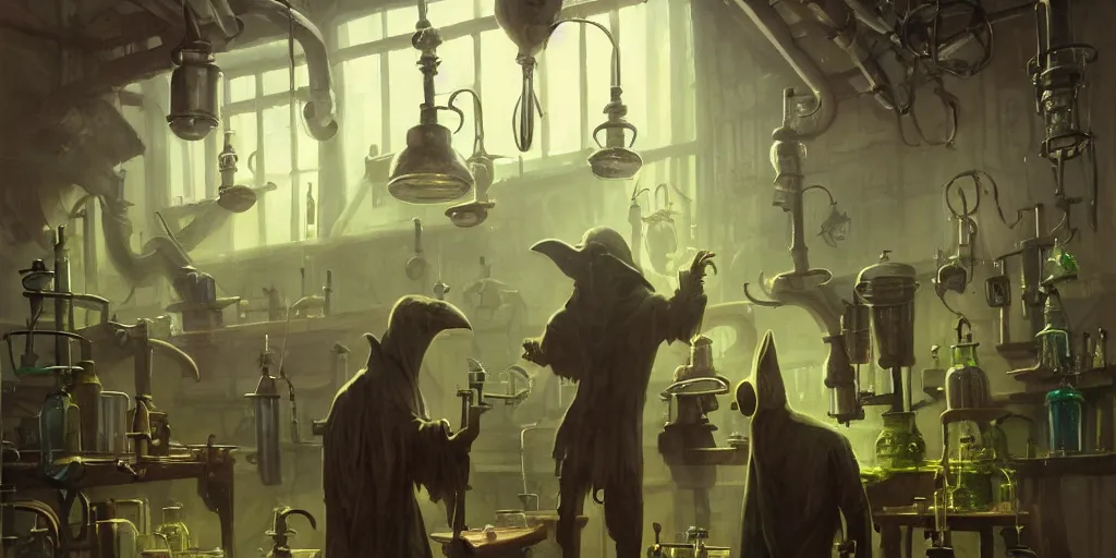 Image similar to a plague doctor and a humanoid rat in a laboratory with lots of flasks filled with magic liquids and green fog, stephen bliss, unreal engine, fantasy art by greg rutkowski, loish, rhads, ferdinand knab, ilya kuvshinov, rossdraws, tom bagshaw, global illumination, radiant soft light, detailed and intricate environment