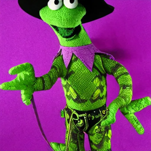 Image similar to purple green cowboy snake jim henson muppet
