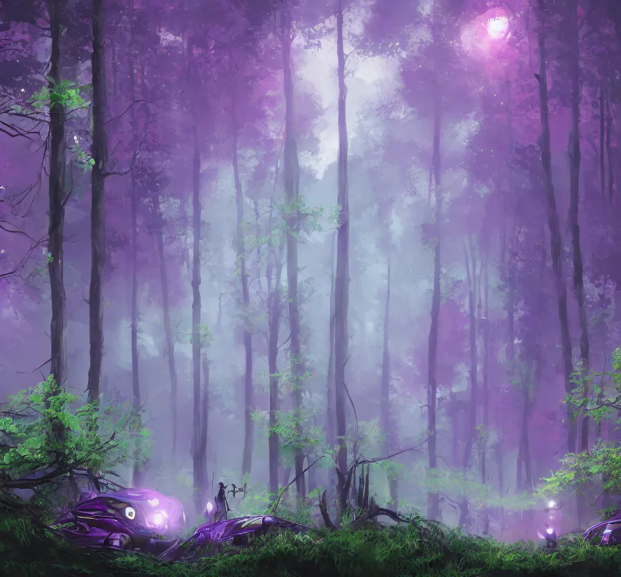 Image similar to purple futuristic solder on forest landscape, acrilic paint, brush paint, heavenly atmosphere, paint, ultra detailed, beautiful image, resolution, artstation