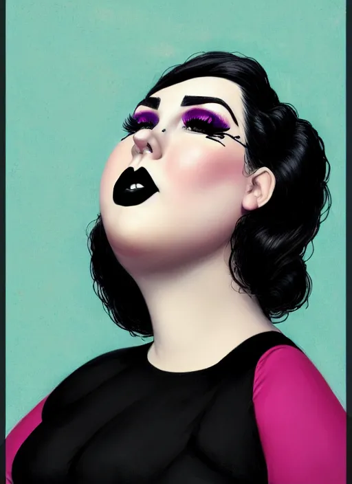 Image similar to portrait of a plump woman with a crooked nose and a confident expression, 1 9 6 0 s, black clothes, goth, punk, brightly coloured hair, funk, intricate, elegant, highly detailed, digital painting, artstation, concept art, smooth, sharp focus, illustration, art by wlop, mars ravelo and greg rutkowski