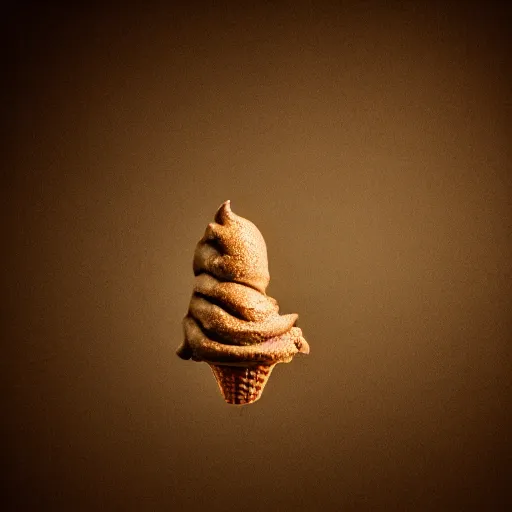 Image similar to detailed photograph of a levitating chocolate ice cream cone becoming a hairy brown recluse spider body at the bottom. dramatic, golden light. realistic photograph. delicious.