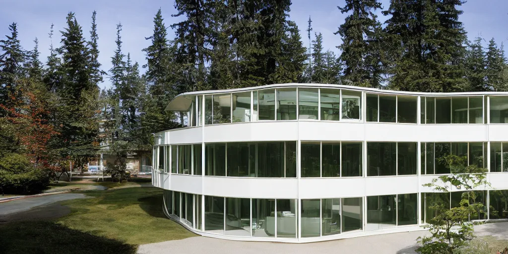 Image similar to residence in the style of seattle's pacific science center, high symmetrical crisscrossing white arches, designed by minoru yamasaki