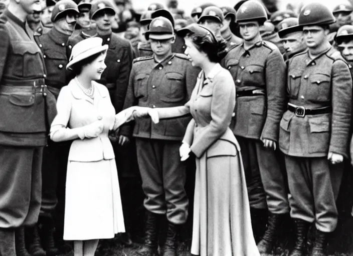 Image similar to ultra wide 1 9 4 6 historical far away photo of young queen elizabeth accepting the surrender of the german army, her corgis are nearby highly detailed
