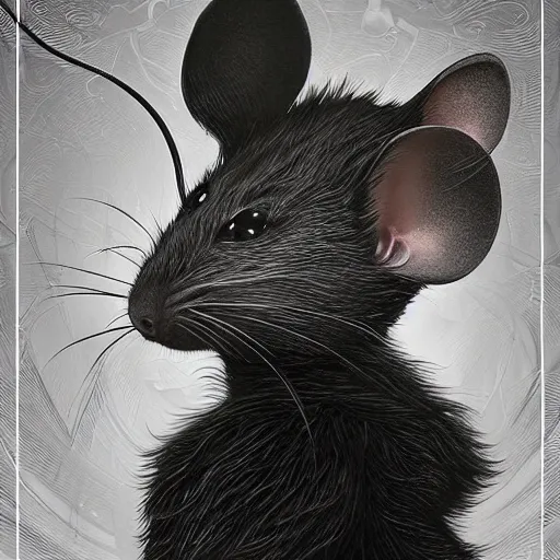 Image similar to a photograpic portrait of a anthropomorphic mouse wearing black clothes, black hair, grey skin, grey mouse ears, fantasy, intricate, elegant, highly detailed, digital painting, artstation, smooth, sharp focus, illustration, art by artgerm and H R Giger and alphonse mucha