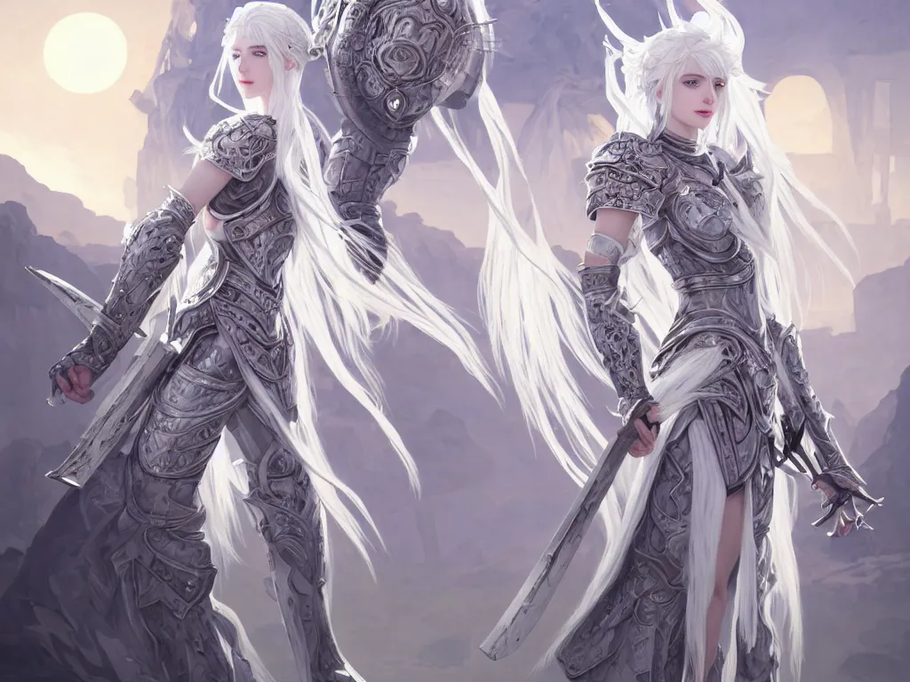 Image similar to portrait white hair knights of zodiac girl, matt white ice color armor, in ruined agora of athens sunrise, ssci - fi and fantasy, intricate and very beautiful and elegant, highly detailed, digital painting, artstation, concept art, smooth and sharp focus, illustration, art by ayanamikodon and tian zi and alphonse mucha