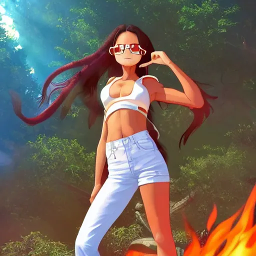 Image similar to nagatoro accurate brown skin color, using white and red tight raglan sleeves, tight blue jeans, in a tropical forest, burning hair glowy fire flames hair in flames hair fire hair, artstation, 3 d ray tracing, lumen, octane render flawless masterpiece concept art professionally post processed by wlop