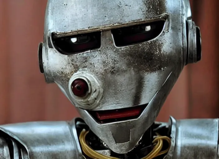 Prompt: scene from a 2 0 1 0 film set in 1 4 5 0 with a closeup of a robot