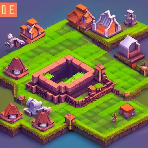 Image similar to isometric game level by style of clash of clans, beautiful lighting, concept art