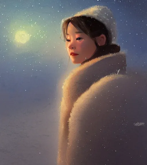 Prompt: face portrait of a beautiful girl in a coat, close portrait, snow - covered small house in a background, night, stars in the sky, the milky way in the sky, winter landscape, painting by craig mullins, octane rendering, wide angle lens, in the style of hayao miyazaki, trending on artstation,