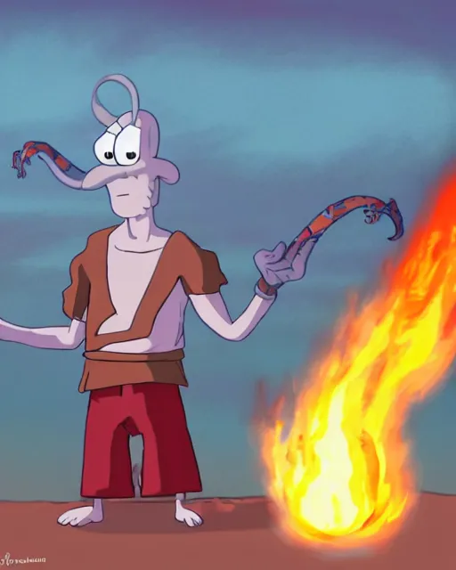 Prompt: squidward wearing fire nation clothing and practicing firebending outside at susnset