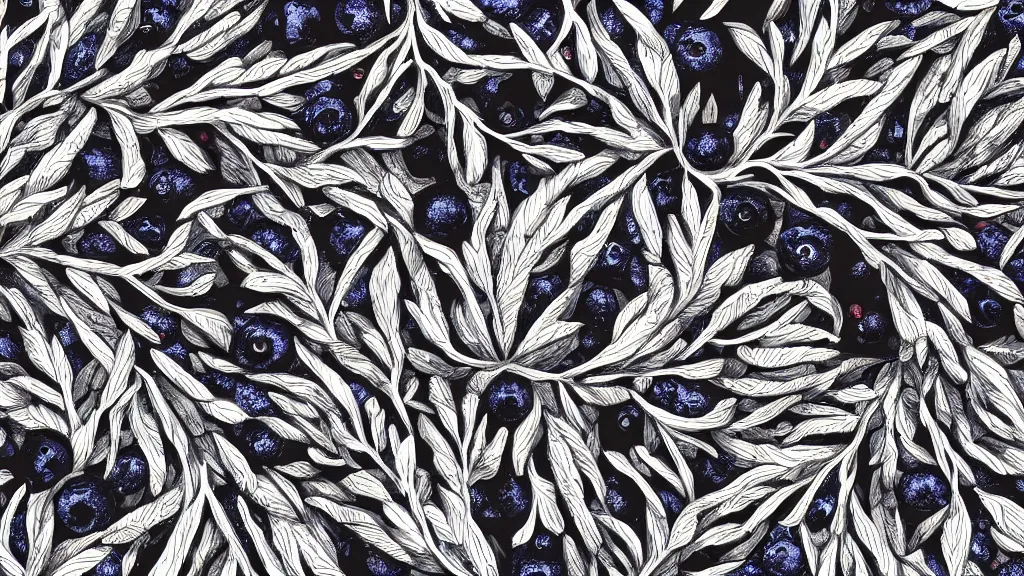 Image similar to artistic medium close-up of stylized digital drawing of bushes with blueberries in a forest. Digital art. Rustic. Nordic. 4K. Trending on artstation. Leafy. Extremely detailed. Nature. Artistic. Wild.