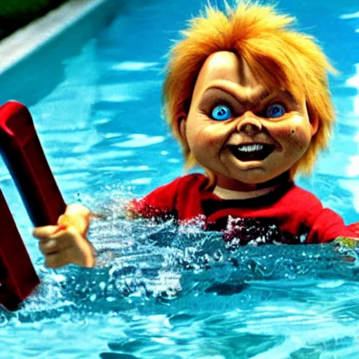 Image similar to chucky as a cool pool champ, movie still