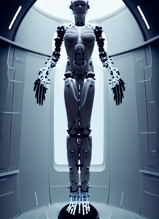 Image similar to dark high detailed space station interior a statue jesus on cross made of white marble, perfect symmetrical body, full body shot, inflateble shapes, wires, tubes, veins, jellyfish, white biomechanical details, wearing epic bionic cyborg implants, masterpiece, intricate, biopunk, vogue, highly detailed, artstation, concept art, cyberpunk, octane render