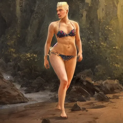 Image similar to halsey in a bikini, 8 k octane beautifully detailed render, post - processing, extremely hyper - detailed, intricate, epic composition, cinematic lighting, masterpiece, trending on artstation, masterpiece, stunning art by anders zorn, wonderful masterpiece by greg rutkowski, beautiful cinematic