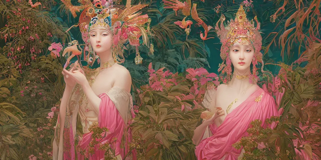 Image similar to breathtaking detailed concept art painting of the goddess of flamingo, orthodox saint, with anxious, piercing eyes, ornate background, amalgamation of leaves and flowers, by Hsiao-Ron Cheng and John James Audubon, extremely moody lighting, 8K