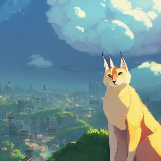 Image similar to giant fat fluffy cute caracal floating above a mountain city with lot's of clouds, detailed, cory loftis, james gilleard, atey ghailan, makoto shinkai, goro fujita, studio ghibli, rim light, exquisite lighting, clear focus, very coherent, plain background