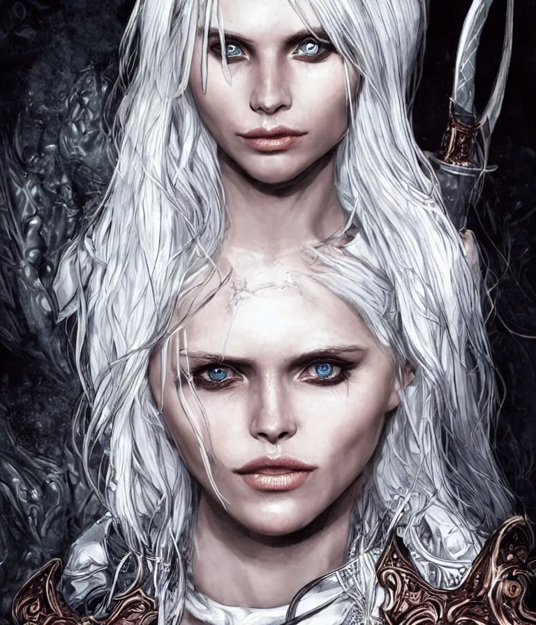 Image similar to Abbey Lee as Ciri from The Witcher, intricate, elegant, highly detailed, smooth, sharp focus, detailed face, high contrast, dramatic lighting, graphic novel, art by Ardian Syaf and Pepe Larraz,