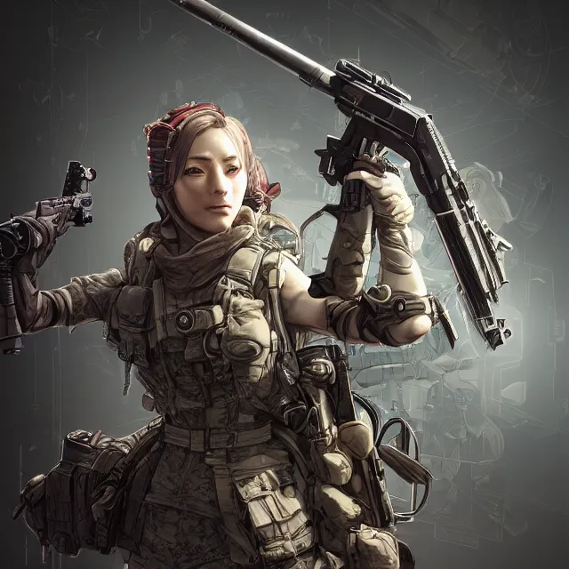 Image similar to the portrait of lawful neutral female futuristic infantry sniper as absurdly beautiful, gorgeous, elegant, young woman looking up, an ultrafine hyperdetailed illustration by kim jung gi, irakli nadar, intricate linework, bright colors, octopath traveler, final fantasy, unreal engine 5 highly rendered, global illumination, radiant light, detailed and intricate environment