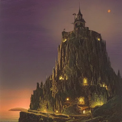 Prompt: fortress on a hill in a lake at night, Darrell k sweet