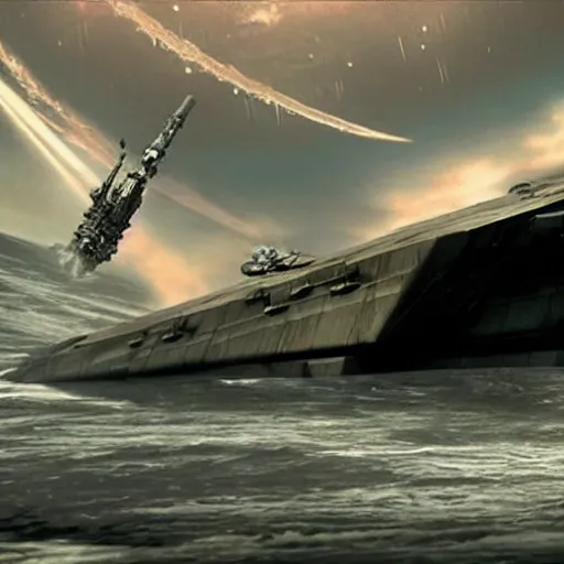 Image similar to a star destroyer being brought down by one powerful jedi, moons in the background