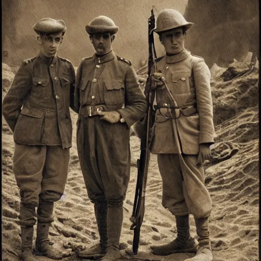 Prompt: a detailed photorealistic sepia - toned photo of a 1 9 1 7 clean - shaven british lieutenant and soldiers standing with a bedouin trader and a young arab boy, ultra realistic, painted, intricate details, lovecraft, atmospheric, dark, horror, brooding, highly detailed, by clyde caldwell
