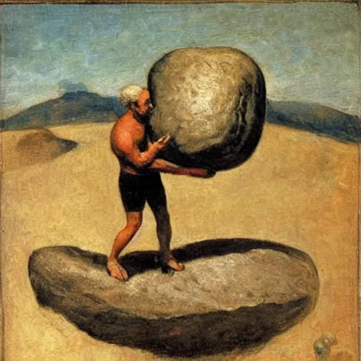 Prompt: a painting of benjamin netanyahu as sisyphus, carrying boulder on shoulders, by franz stuck