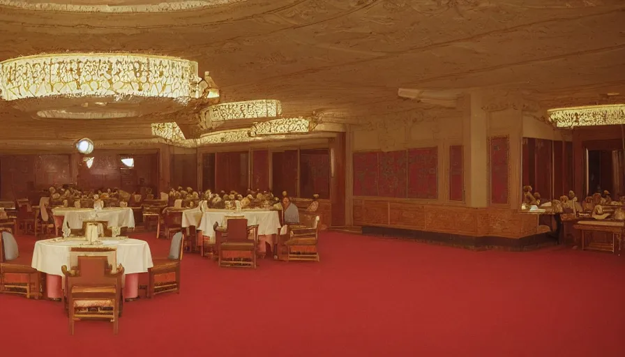 Image similar to 2010s movie still of empty north-korean royal restaurant palace, Cinestill 800t 35mm, heavy grain, high quality, higly detailed