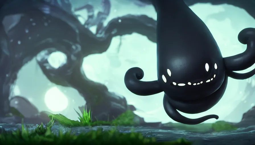 Image similar to a digital art portrait of black slime cat character design from hollow knight, cute liquid ink cat 4 k, ultra detail, volumetric lighting, unreal engine, octane render