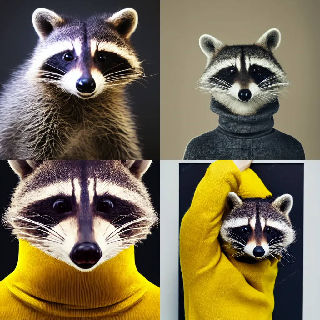 Image similar to happy racoon wearing a yellow turtleneck, studio, portrait, facing camera, studio, dark bg