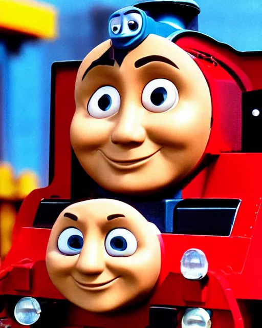 Image similar to Film still close-up shot of Dwayne Johnson as the Thomas the Tank Engine from the movie Thomas and the Magic Railroad. Photographic, photography