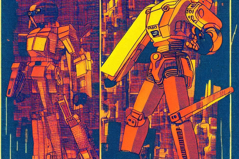 Image similar to risograph grainy drawing vintage sci - fi, satoshi kon color palette, gigantic gundam, 1 9 8 0, kodachrome, natural colors, comicbook spreadsheet, codex seraphinianus painting by moebius and satoshi kon and dirk dzimirsky close - up portrait