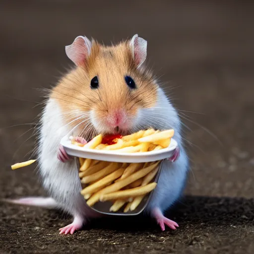 Image similar to detailed photo of a hamster eating fries, outdoors, various poses, full body, unedited, daylight, dof 8 k