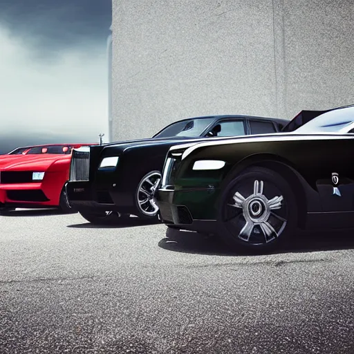 Prompt: Rolls Royce, Lamborghini, Ferrari line up, ultra realistic, canon camera