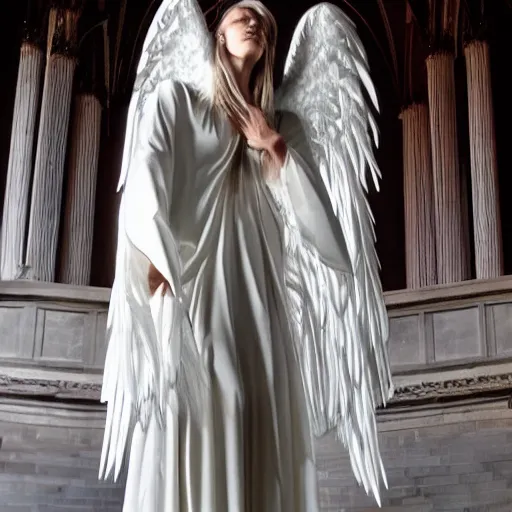 Image similar to tall female angel is long flowing robes, feathered wings, shrouded, veiled, ornate gothic cathedral