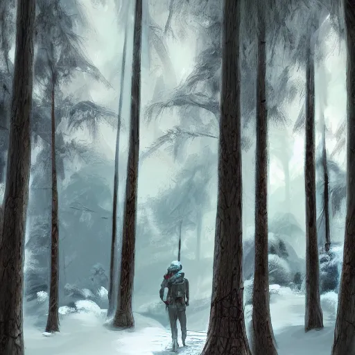 Image similar to A lone adventurer in a snowy forest, digital painting, concept art, 3d with depth of field, sharp focus, 8k, by Barret Frymire