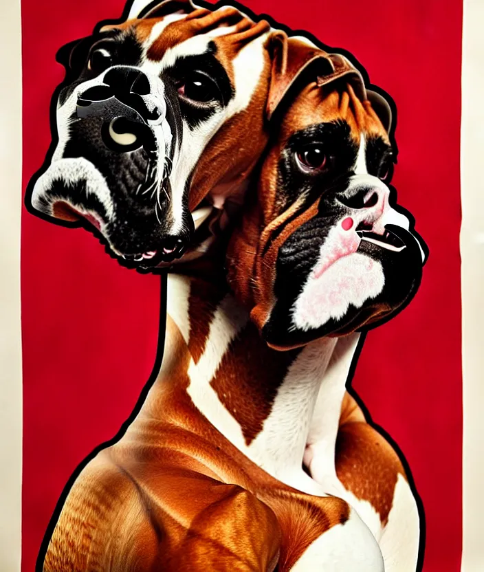 Prompt: boxer sportsman as boxer dog, anatomically correct, style of american 6 0's poster