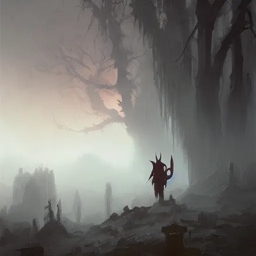 Image similar to devil, scary, magical area, foggy area, by greg rutkowski, sharp focus, man standing, hell