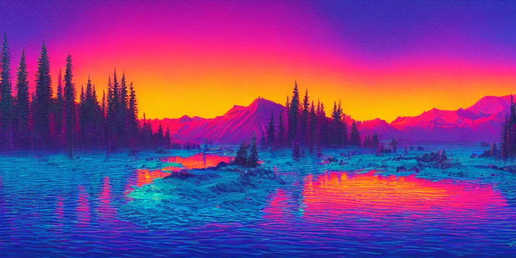 Image similar to beautiful award winning synthwave painting of a canadian lake, extreme detail, digital art, 4 k, ultra hd